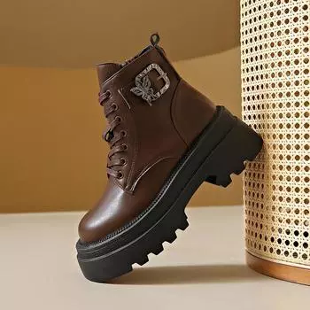 Trendy British Style Short Boots Versatile Women s Thick Base Ankle Boots 2024 New Retro lace up casual boots Women s warm shoes 35 чёрный