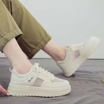 Trendy Casual Shoes 2024 Summer Mesh Breathable and Versatile Thick Soles for Comfortable Height Increase Board Shoes Sneakers 35 бежевый