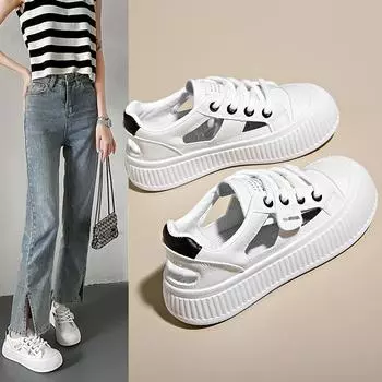 Модная повседневная женская обувь 2024 года, летние новые повседневные белые туфли с вырезами, дышащие и универсальные удобные туфли-одиночки 35 бежевый