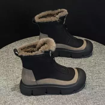 Trendy Color Blocked Short Boots 2024 Winter New Round Head Flat Bottom Casual Warm Short Tube Thick Bottom Women s Cotton Boots 36 чёрный