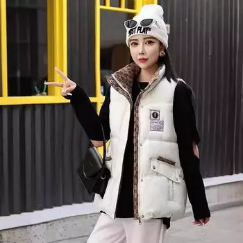 trendy cotton vest women s autumn and winter short stand collar large size small man fashion wear sleeveless vest and shoulders M бежевый