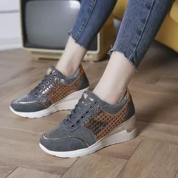 Trendy Daily Vulcanized Shoes Autumn Style Mesh Breathable and Versatile Slope Heel Casual Sports Women s Shoes Large Size 37
