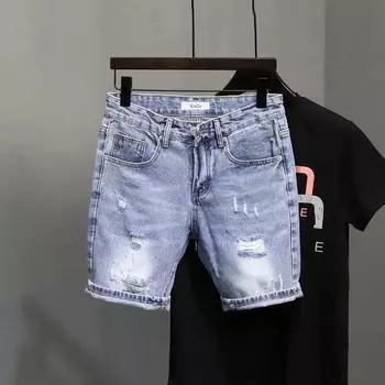 Trendy Denim Shorts For Men Summer Style Thin Fit Hip Hop Brand Ins Small Group Medium Length Trousers XXL