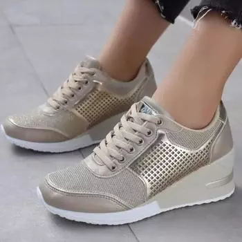 Trendy Design and Sporty Shoes for Women s Spring 2024 New Thick Sole Sloping Heel Sequin Lace Up Mesh Breathable Single Shoe 35 золотой