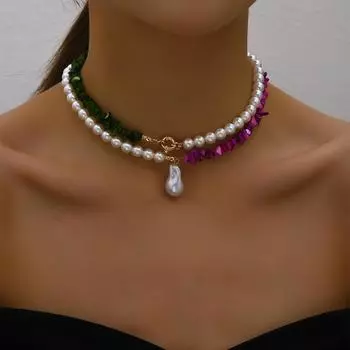 Trendy Elegant Jewelry Wedding Big Pearl Necklace for Women Fashion Imitation Pearl Green Pink Color Stone Choker Necklace 1
