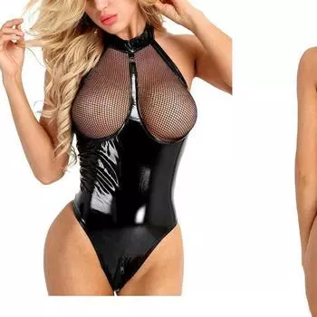 Trendy Europe & America Sexy Sheer Patent Leather Bodysuit with Zippered Crotch M