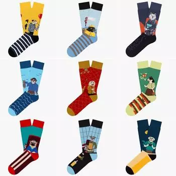 Trendy Jacquard Cartoon Dog Cotton Socks - Mid-Tube Skateboard Fashion for Couples One Size