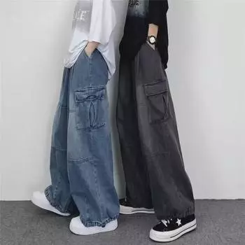 Trendy Japanese Wide-Leg Men s Overalls with Large Pockets - Summer Casual Loose-Fit Jeans S чёрный