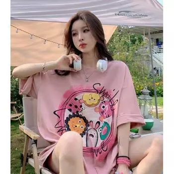 Trendy Large Summer Loose Print Short Sleeve T-Shirt Pink XL