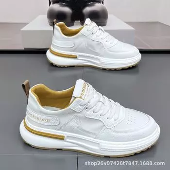 Trendy men s shoes leather thick-soled heightening dad shoes 2024 new spring versatile little white shoes contrasting casual shoes 40 белый