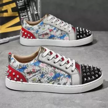 Trendy new printing graffiti rivets street fashion red baseplate shoes male hairdresser spirit guy casual trendy shoes 39
