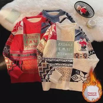 Trendy New Year Red Christmas Sweater: Plus Velvet Thickened Knitted Coat Large