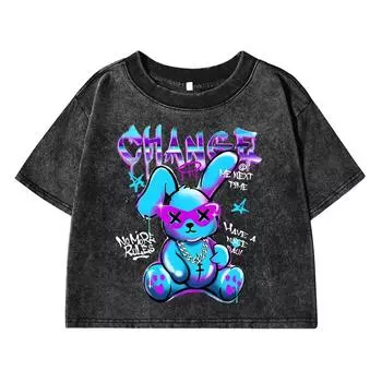 Trendy Rabbit Cartoons Print Women Washed Shrot Clothes Casual Tshirts Street Vintage Tee Tops Cool Distress T Shirts M