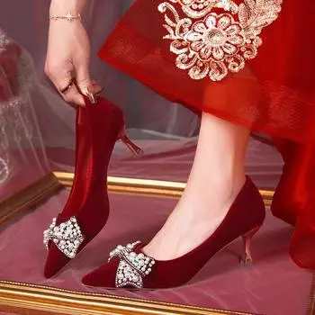 Trendy Red Bridal Shoes New Wine Red Two-Wear High Heels French Wedding Toast Sandal Summer Pumps 35 красный