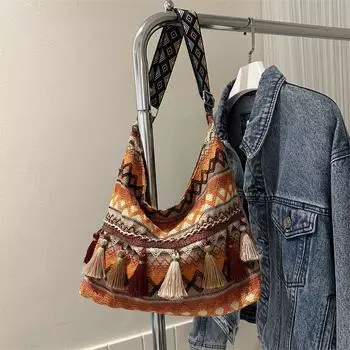Trendy Retro Crossbody Bag Women s 2024 Spring New Arrival Ethnic Style Tassel Shoulder Bag Large Capacity Totes Orange