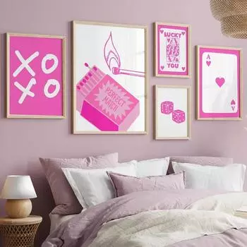 Trendy Retro Pink Wall Art Poker Y2k Poster Print Aesthetic Lucky You Funny Art Minimalist Canvas Painting Girl Room Home Decor 21x30cm No Framed