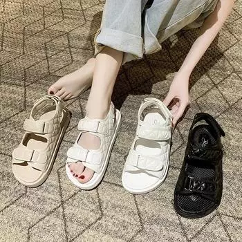 Тренды Сандалии Лето Новые Плоские Британский Ветер Вышивка Толстая подошва Повседневный Повседневный Римский Аромат Дизайнерская Обувь Звезда 35