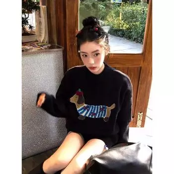 Trendy Sausage Dog Embroider Black Sweater Female Soft Glutinous Lazy Fancy Autumn and Winter round Neck Pullover Knitwear Tops Black S