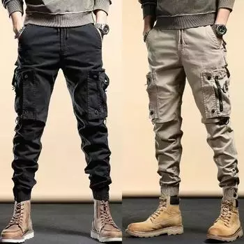 Trendy Slim-Fit Men s Cuffed Pants with Multi-Pockets, Suitable for Spring, Autumn, and Winter Motorcycle Wear M чёрный