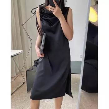 Trendy Summer Sleeveless Drawstring Midi Dress with Shiny Loose Fit One Size