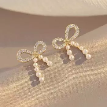 Модные милые серьги-гвоздики с жемчужным бантом из стерлингового серебра S925 для женщин Niche High Sense 925
