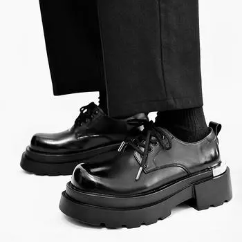 Trendy thick soled men s leather shoes high-quality casual versatility Fashion designer style Party height increasing shoes 38 чёрный