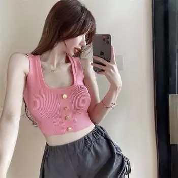 Trendy U-Neck Knitted Vest with Copper Buttons and Silk Blend for Women One size (80-120 lbs) белый