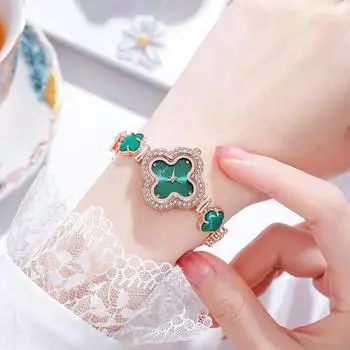 Trendy Unisex Four-leaf Quartz Watch Luxury Ladies Jewelry Watch Crystal Bracelet Fashion Rhinestone Top Brand Dress Wristwatches Women s Watch чёрный