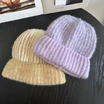 Trendy versatile show face small bag head cold hat retro knitted hat autumn and winter thickened warm wool hat women M56-58cm чёрный