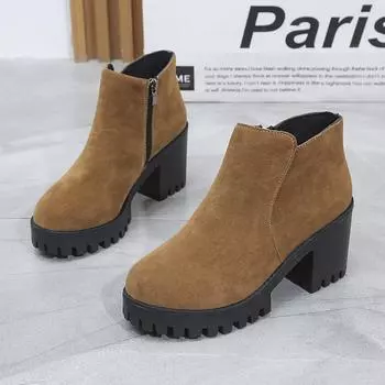Trendy Women s Ankle Boots 2024 Autumn and Winter New British Style Round Head Side Zipper Thick Sole Temperament Women s Shoes 35 коричневый