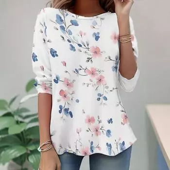 Trendy Women s Round Neck Pullover T-shirt 3D Digital Printed Long Sleeved T-shirts S