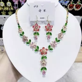 Trendy Zircon Luxury Necklace Earrings Set Color Heavy Industry Premium Peach Blossom Necklace