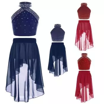 Тренировочный танцевальный костюм для девочек, гимнастика, балерина, лирический танцевальный студийный костюм, длинная балетная юбка, одежда для танцев в балетном стиле, 2 шт. 5-6 Years темно-синий