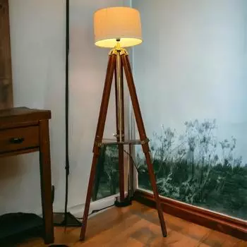 Тренога напольная полированная латунная античная золотая лампа стоящая деревянная коричневая регулируемая для гостиной, спальни, дома, отеля