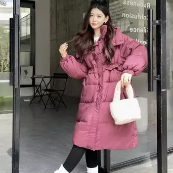 Треугольная длинная модель с двумя пуговицами, новая зимняя куртка 2024 года из белого утиного пуха для женщин, универсальный однотонный пуховик S size 90-60kg фуксия