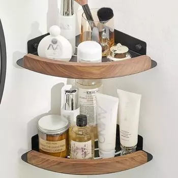 Треугольная полка для ванной комнаты из черного орехового дерева, алюминиевое настенное крепление для туалета, ванны, душа, держателя для шампуня, мыла, угловой органайзер