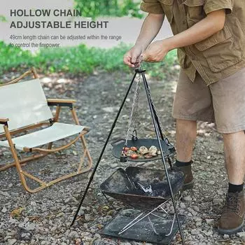 Треугольный кронштейн для барбекю, многофункциональный кронштейн для противня, портативный, регулируемый, металлический, с цепью, принадлежности для кемпинга на открытом воздухе