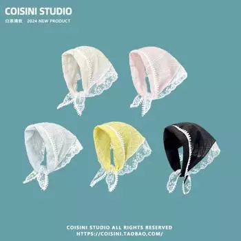 Треугольный платок для волос во французском пасторальном стиле для женщин, весенний и летний дорожный универсальный шелковый шарф с кружевным цветком в стиле ретро светло-розовый