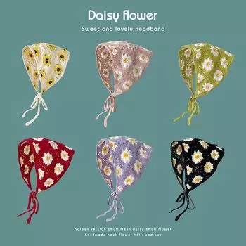 Треугольный шарф ручной работы, вязаный крючком, повязка на голову, женский, ретро, милый, с маленькой ромашкой, ремешок 1pc