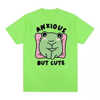 Тревожная, но милая лягушка, забавные футболки с мемами, мужские и женские модные футболки с круглым вырезом и короткими рукавами, топы, повседневная футболка большого размера из 100% хлопка S чёрный