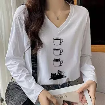 Три чашки и кошка принт женские футболки женские топы с длинным рукавом V-образный вырез пуловер женские футболки футболка для женщин XS белый