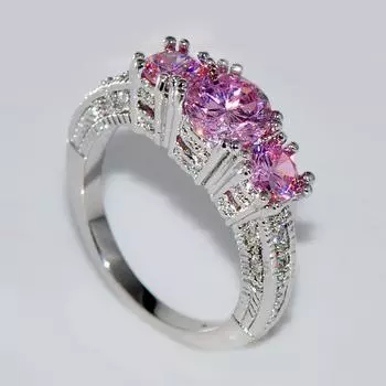 Три камня CZ циркон розовый белый синий зеленый кольцо серебряный цвет обручальное кольцо для женщин свадебные ювелирные украшения подарок на вечеринку 4 розовый