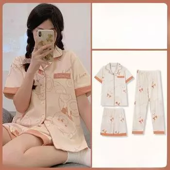 Три комплекта пижам, домашняя одежда для женщин, мультяшный милый повседневный домашний костюм, кардиган с коротким рукавом, короткие брюки, домашняя одежда большого размера M