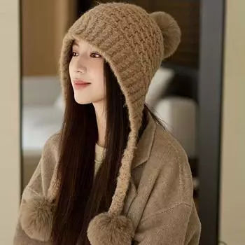 Три мяча Толстая вязаная шапка женская зимняя уличная теплая защитная шерстяная шапка чёрный