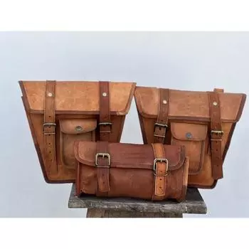 Три новых кожаных мотоциклетных багажа, большие седельные сумки для хранения, боковая сумка для инструментов коричневый