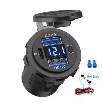 Три порта 12 В/24 В USB зарядное гнездо двойное 18 Вт QC 3.0 и 20 Вт PD USB-C для автомобиля мотоцикла с вольтметром выключатель питания красный