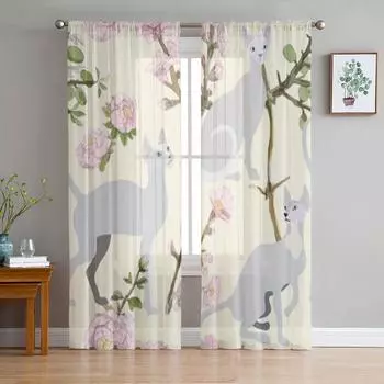 Три серых сиамских сфинкса, кошки, цветы сакуры, шифоновые прозрачные шторы для гостиной, спальни, декор, оконная вуаль, тюлевая занавеска 135W x 114H(cm)