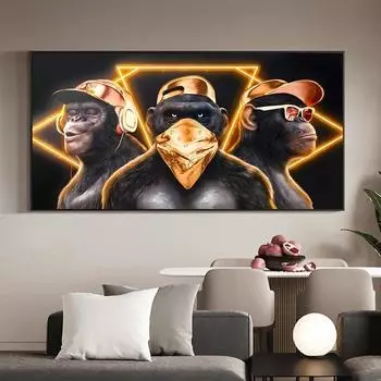 Три умные обезьяны в золоте. Плакат, Холст с животными, Гостиная, Спальня, Картина в помещении, Стена с печатью, Дом искусства 21cm30cm NoFrame
