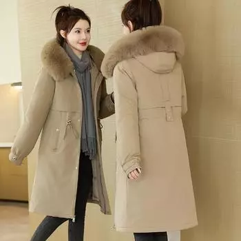 Три вида одежды пирог, чтобы преодолеть женскую зиму новая талия и тонкий капюшон с большим меховым воротником утолщенная хлопковая одежда средней и длинной хлопковой одежды M чёрный