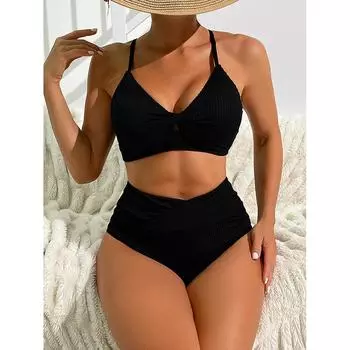 Triangle Bikinis High Waist Strappy Swimsuit Women Sexy Striped Swimwear Female Bathers Swimming Bathing Swimming Swim Suit S чёрный